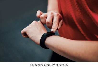 Woman, hands and athlete in gym with smart watch, technology and fitness tracker for runner progress or timer. Workout, health and training or monitoring heartbeat, checking and wellness stats on app - Powered by Shutterstock