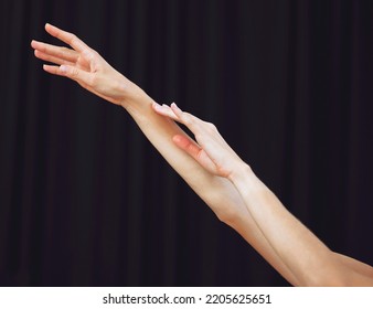 Woman, Hands Or Ballet Dance On Black Background In Theatre, Studio Or Theater Stage Training Performance. Zoom, Texture And Ballerina Arms Or Creative Student Artist In Learning Beauty Dancing Class