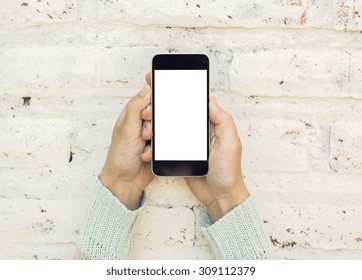 Woman Hands With Blank Cell Phone, Mock Up