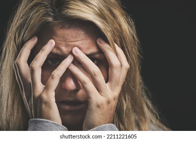 Woman, Hands Cover Or Face Stress On Black Background In Mental Health Asylum Community Or Schizophrenia Psychology Hospital. Anxiety Zoom, Burnout Or Depression For Fear Or Counseling Scared Patient