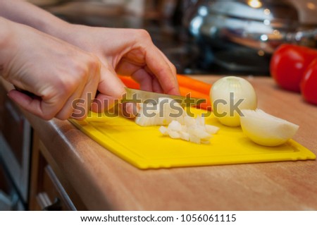 Woman hands cutting onion on plastic board. Kitchen interier