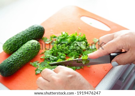 Woman hands cutting parsley on plastic board. Kitchen interier