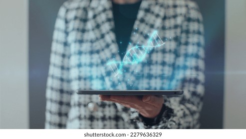 Woman hands with digital tablet pc computer and 3d hologram of virtual dna molecule. Technology, science and genetics concept. Remote medicine. - Powered by Shutterstock