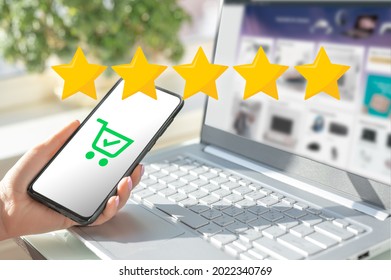 woman hands evaluate product purchased online. rating to the seller. five star rating. Rise on increasing five stars in human hand, Increase rating evaluation classification concept.