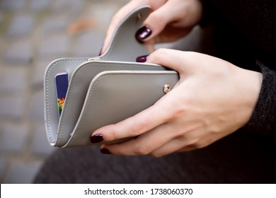 Woman hands with grey wallet purse money credit cards - Shutterstock ID 1738060370