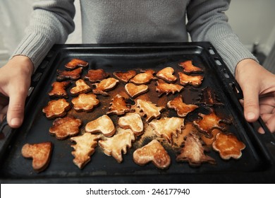 Woman Hands Holding Baking Tray With Holiday Cookie