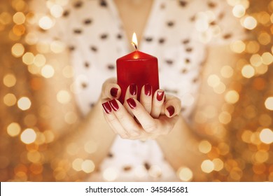 Woman Hands Holding A Candle Light