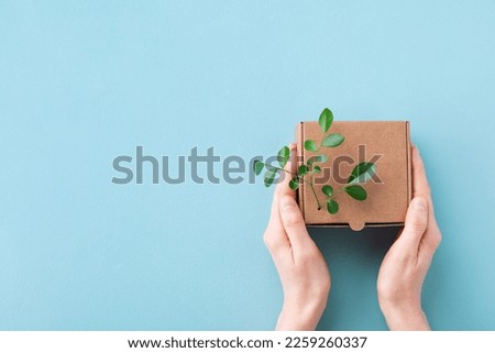 Woman hands holding cardbox from natural recyclable materials with green leaves sprout on blue table top view. Responsible consumption, eco friendly packaging, zero waste concept.
