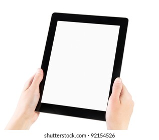 Woman Hands Holding Electronic Tablet Pc With Blank Screen. Isolated On White.