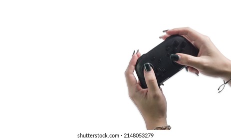 Woman Hands Holding Game Console Controller Isolated On White Background.