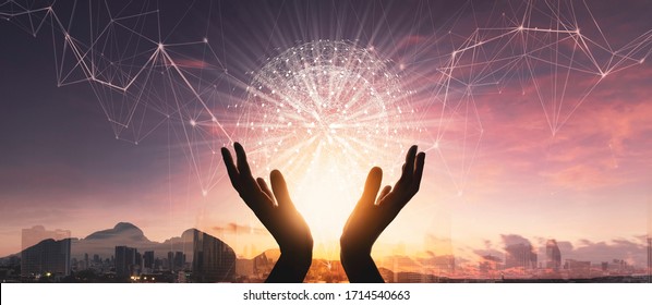 Woman Hands Holding Global Network Connections And  Technology Innovative In Science And Vr Communication Concept.Elements Of This Image Furnished By NASA