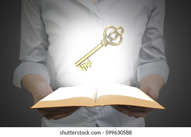 Woman Hands Holding The Open Book With 3D Golden Pound Sterling, Front View.