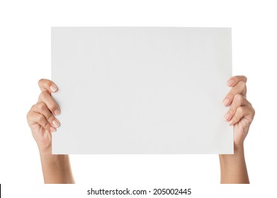 Woman hands holding paper isolated on white.