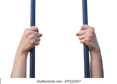 Woman Hands Holding Prison Bars Isolated On White Background.