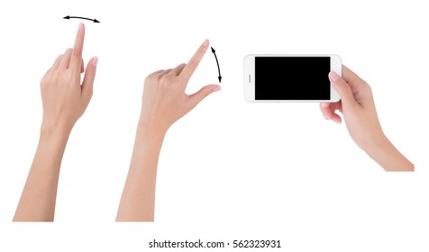 Woman Hands Holding Smart Phone With Blank Screen Display, Collection Of Index Finger And Pinch Fingers For Touch Or Zoom, Digital And Communication Concept, Isolated On White Background