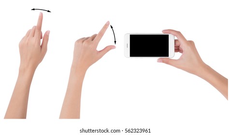 Woman Hands Holding Smart Phone With Blank Screen Display, Collection Of Index Finger And Pinch Fingers For Touch Or Zoom, Digital And Communication Concept, Isolated On White Background