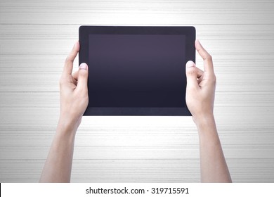 Woman Hands Holding Tablet Blank Screen Over Isolate Background Concept Use For Responsive Reading Tools And Communication Pro Gadget. Website Mock Up Horizontal View, People Device Pc Touch Screen