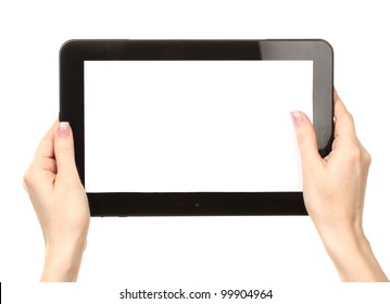 Woman Hands Holding A Tablet Isolated On White