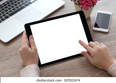 Woman Hands Holding Tablet PC Computer With Isolated Screen On Desk In Office