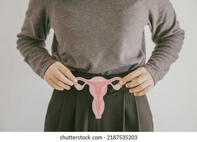 Woman Hands Holding Uterus, Female Reproductive System , Woman Health, PCOS, Gynecologic And Cervix Cancer Concept