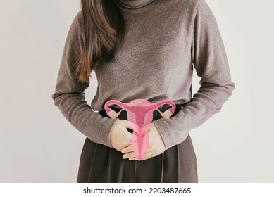 Woman Hands Holding Uterus, Female Reproductive System , Woman Health, PCOS, Gynecologic And Cervix Cancer Concept