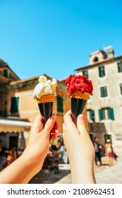 Woman Hands Holding Vanilla Gelato Ice Cream And With Berries.