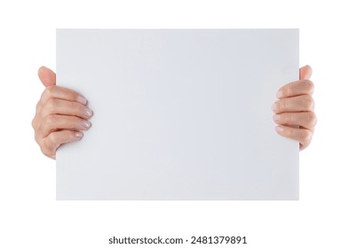 Woman hands holding white blank poster on white background - Powered by Shutterstock