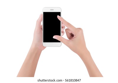 Woman Hands Holding White Smart Phone Touch And Pinch For Zoom In Or Zoom Out On Blank Screen Display, Digital And Communication Concept, Isolated On White Background.