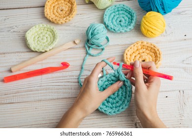 Woman Hands Knitting Crochet. Hobby Crafts Things.  Top View. Horizontal Composition