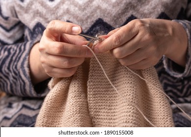 Woman Hands Knitting Wool Yarn With Knitting Needles