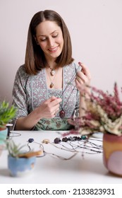 Woman Hands Making Handmade Gemstone Jewellery, Home Workshop. Women Artisan Creates Jewellery. Art, Hobby, Handcraft Concept