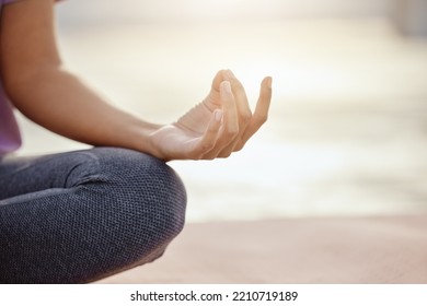 Woman, Hands And Meditation Mudra For Mental Health Wellness, Chakra Energy And Mindset Training On Mockup Space. Zoom, Relax Yoga And Pilates Person In Zen, Peace Or Calm Holistic Exercise In Studio