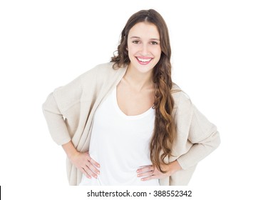 Woman With Hands On Hips On White Background