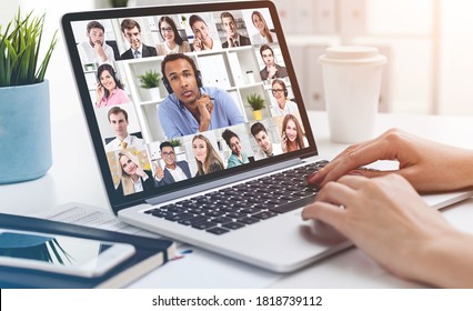 Woman hands on laptop during video conference - Shutterstock ID 1818739112