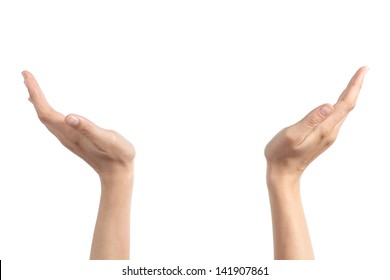 Woman Hands With Palms Up Holding Something Isolated On A White Background