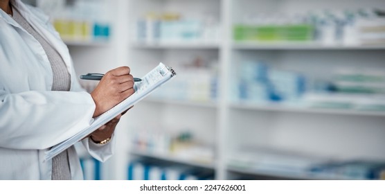 Woman, hands or pharmacy clipboard writing for medical stock check, medicine product research or pills prescription order. Zoom, pharmacist or healthcare worker with paper documents in retail store - Powered by Shutterstock