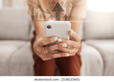 Woman, hands and phone with hologram for stock market, crypto trade and arrow icon in home. Person, mobile and digital overlay on sofa for cryptocurrency, increase and future of economic business - Powered by Shutterstock