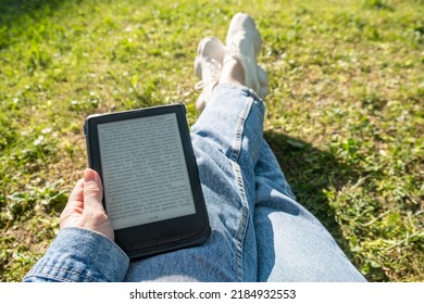 Woman Hands Pov View Holding Electronic Book Reading Outdoors Copy Space