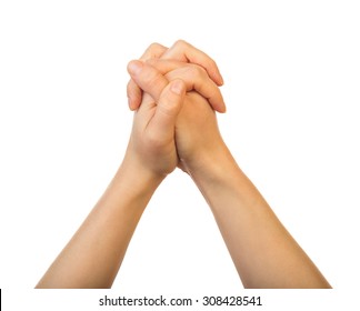Woman hands praying isolated on white background
