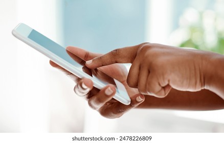 Woman, hands and scroll in office with cellphone for social network, mobile website and digital contact. Secretary closeup texting on smartphone, reading business notification and search media on app - Powered by Shutterstock