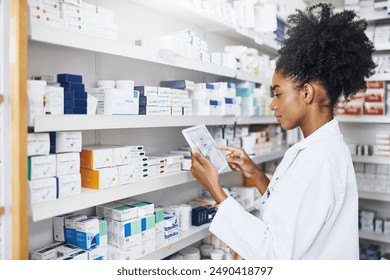 Woman, hands or tablet with screen in pharmacy for stock inspection, report for medicine inventory. Female pharmacist, drug store or mockup for digital record of health information or pills research - Powered by Shutterstock