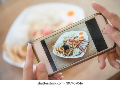 Woman Hands Taking Food Photo By Mobile Phone. Food Photography. 