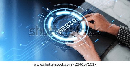 Woman hands typing in computer, web 3.0 hologram hud with glowing abstract circles. New generation of internet and revolutionary technology. Concept of web and decentralization