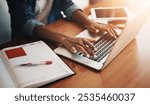 Woman hands, typing and laptop with work from home and learning notes. Student, female person and computer working with paperwork, notebook and writing in a house doing web research with mockup