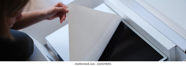 Woman Hands Unpacking Box With Modern Personal Computer