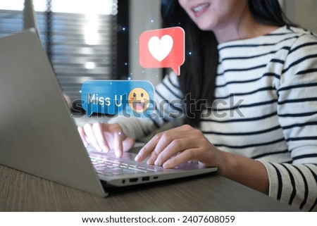 Woman hands using labtop with new email alert sign icon pop up, Female using phone for check email for work or sending text SMS short message at home, Online communication concept