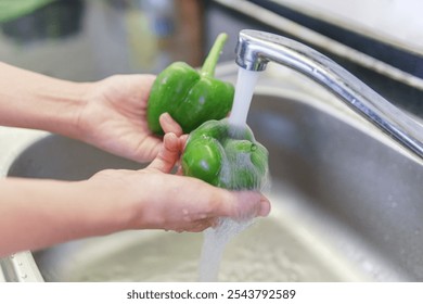 Woman hands washing fresh green bell pepper in a kitchen. Preparing of ripe vegetables. Sweet pepper is a healthy vegetarian food. Product of organic farming. - Powered by Shutterstock