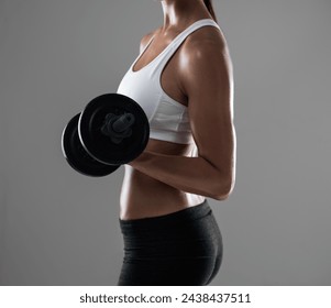 Woman, hands and weightlifting with dumbbell for muscle gain, workout or exercise on a gray studio background. Closeup of female person or bodybuilder with weight in arm or bicep curl on mockup space