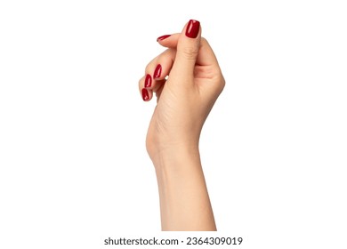 Woman hands with wine red color nails isolated on a white background. Red nail polish. Square nail form. 
