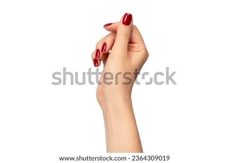 Woman hands with wine red color nails isolated on a white background. Red nail polish. Square nail form. 